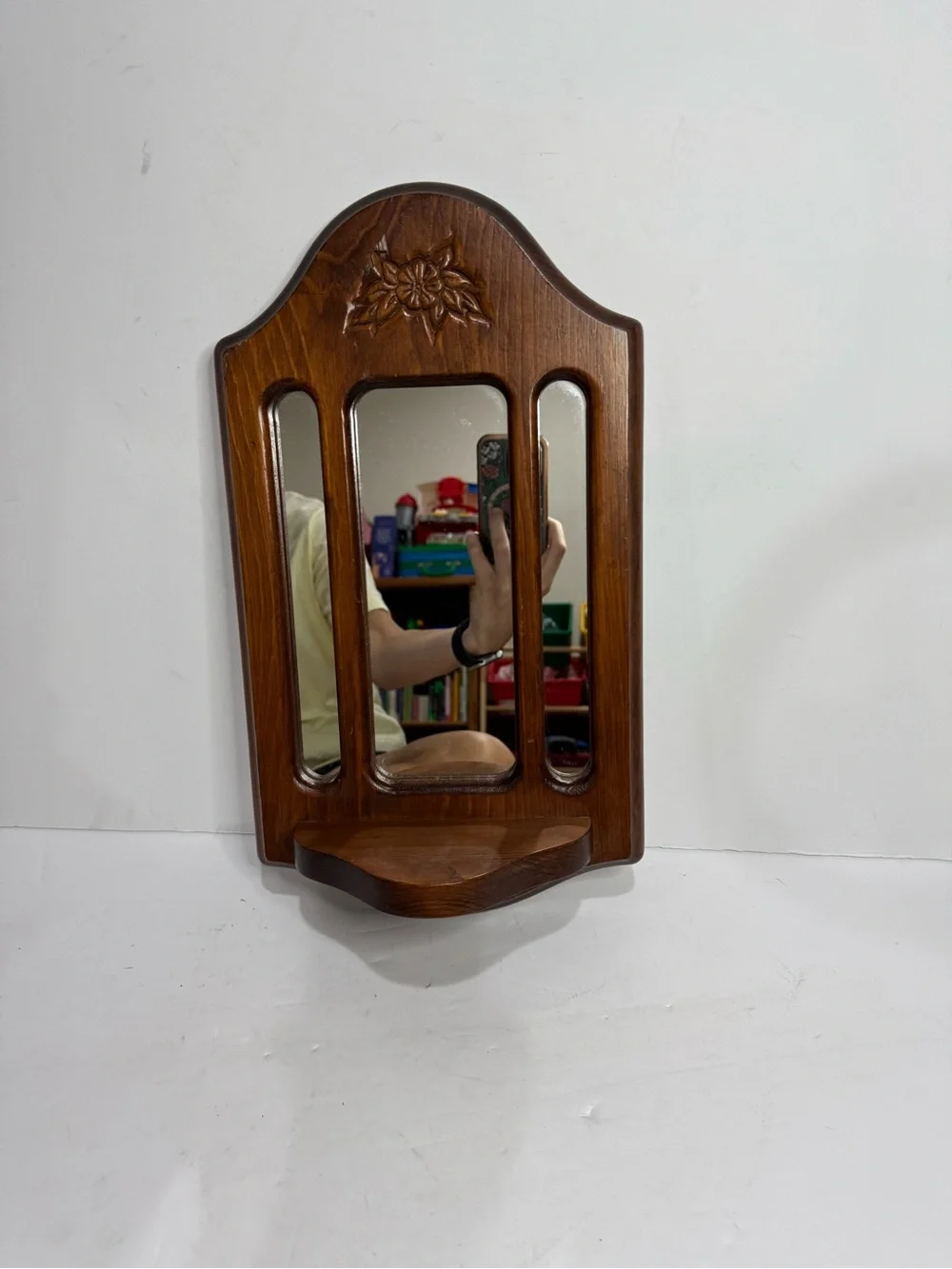 Vintage Dark Wood Cutout Accent Wall Mirror with Small Shelf
